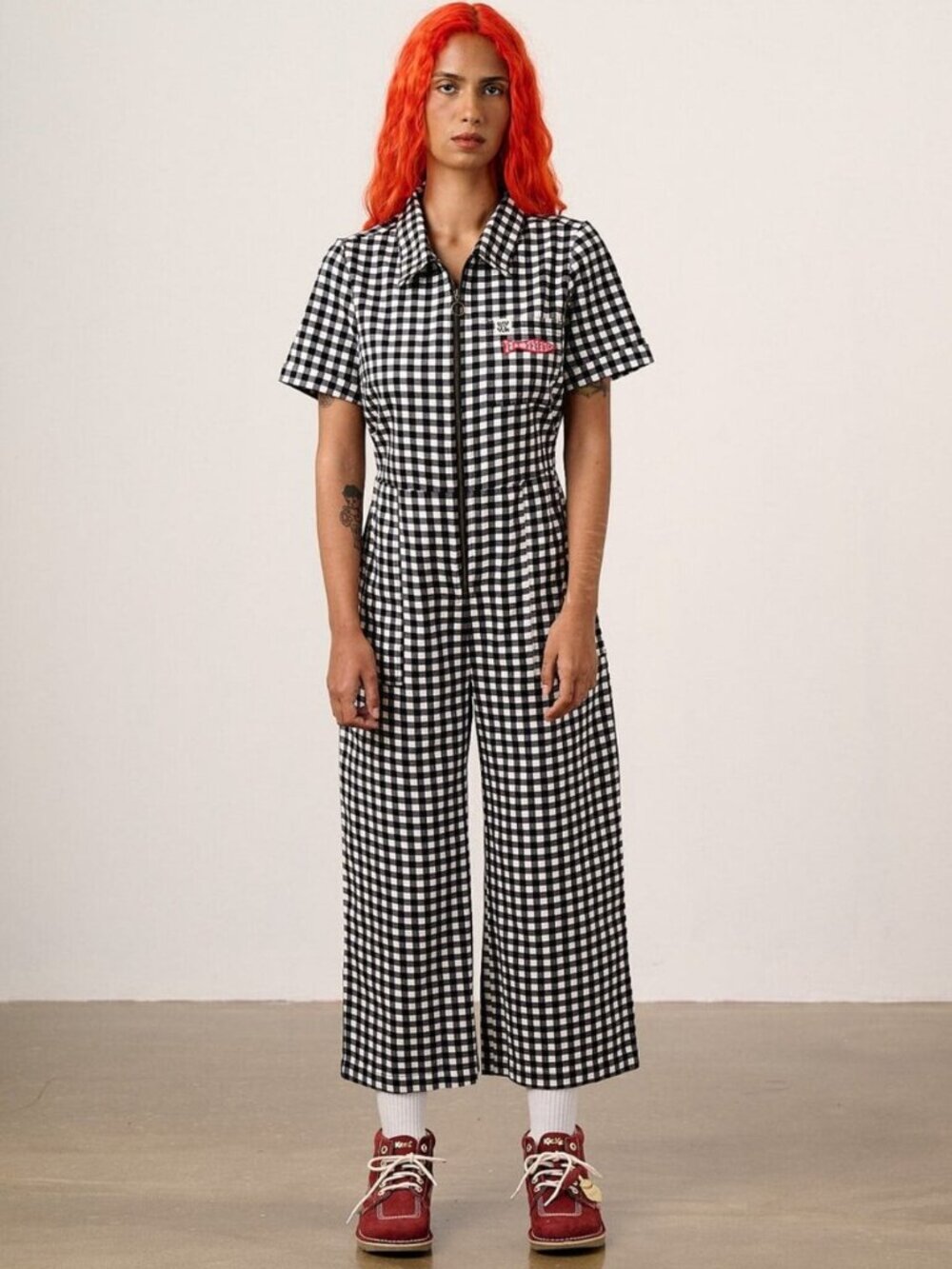 NWT Lucy & Yak Ragan Jumpsuit Black & White Gingham Fish Embroidery UK18